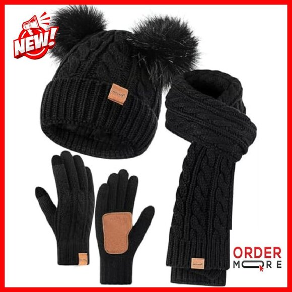 Fleece Lined Beanie Scarf Gloves Set Touchscreen Winter Accessories main image 4